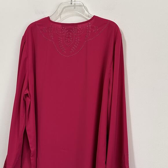 Susan Graver Top XL Berry Pink Eyelet Buttons Long Sleeve Popover Boho NEW - Picture 6 of 8